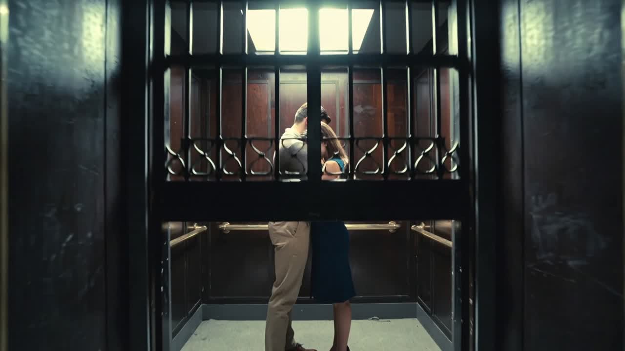 La telecamera si allontana rivelando un uomo che abbraccia una donna in abito blu, condividendo un momento intimo in un ascensore vicino a un cancello.