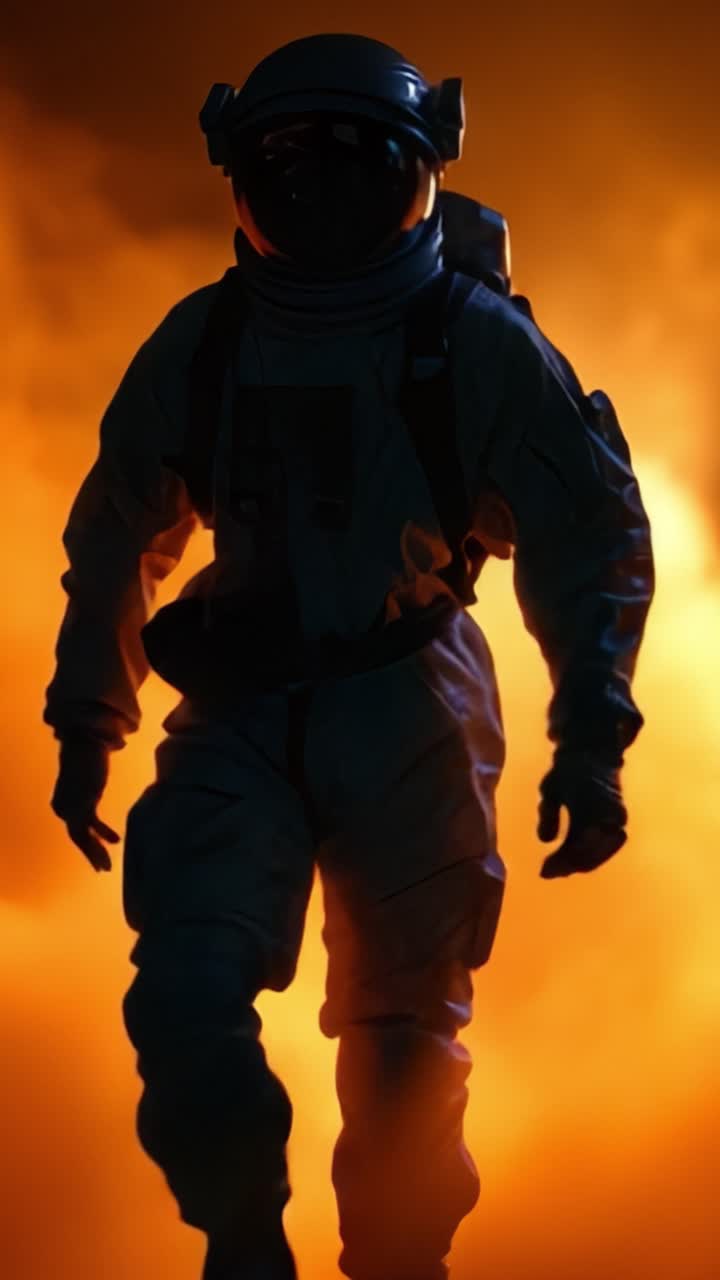 An astronaut walks confidently through a fiery, swirling atmosphere, embodying the spirit of exploration and adventure into the unknown realms of space