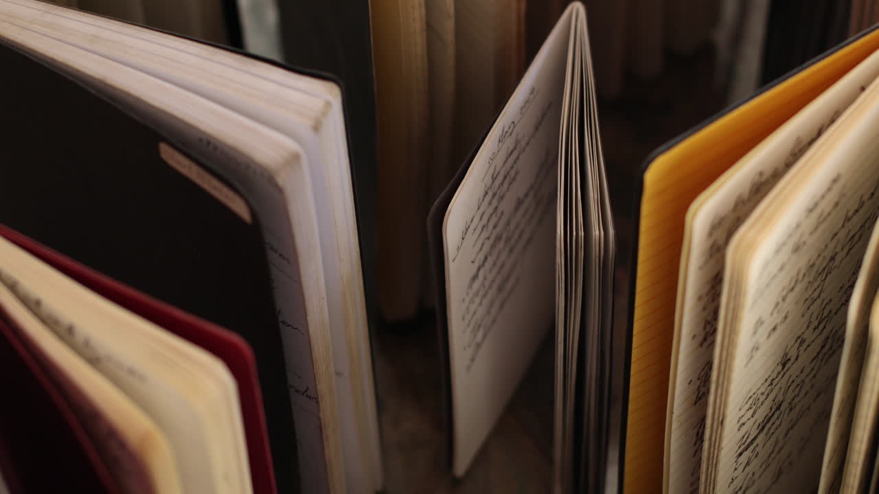 Close-up view of many vintage notebooks and journals