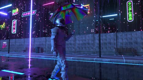 astronaut walking in a neon rain-soaked cyberpunk city