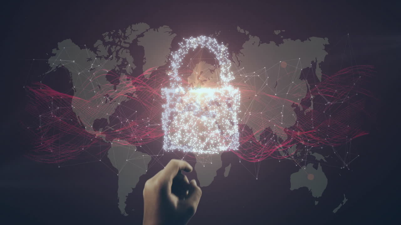 Interacting with digital lock, hand over world map and network animation