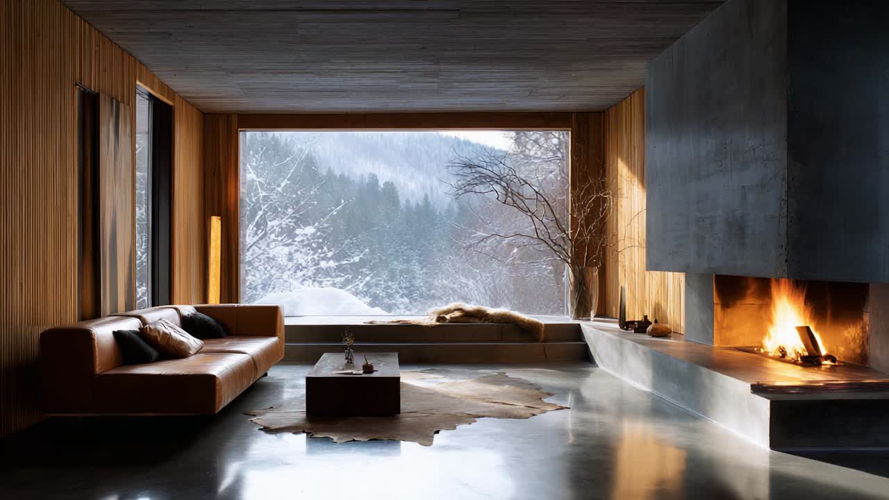 A Tranquil Winter Retreat: Modern Living Room with Panoramic Views, Cozy Fireplace, and Natural Elements, Perfect for Relaxation and Serenity Amidst a Snowy Landscape