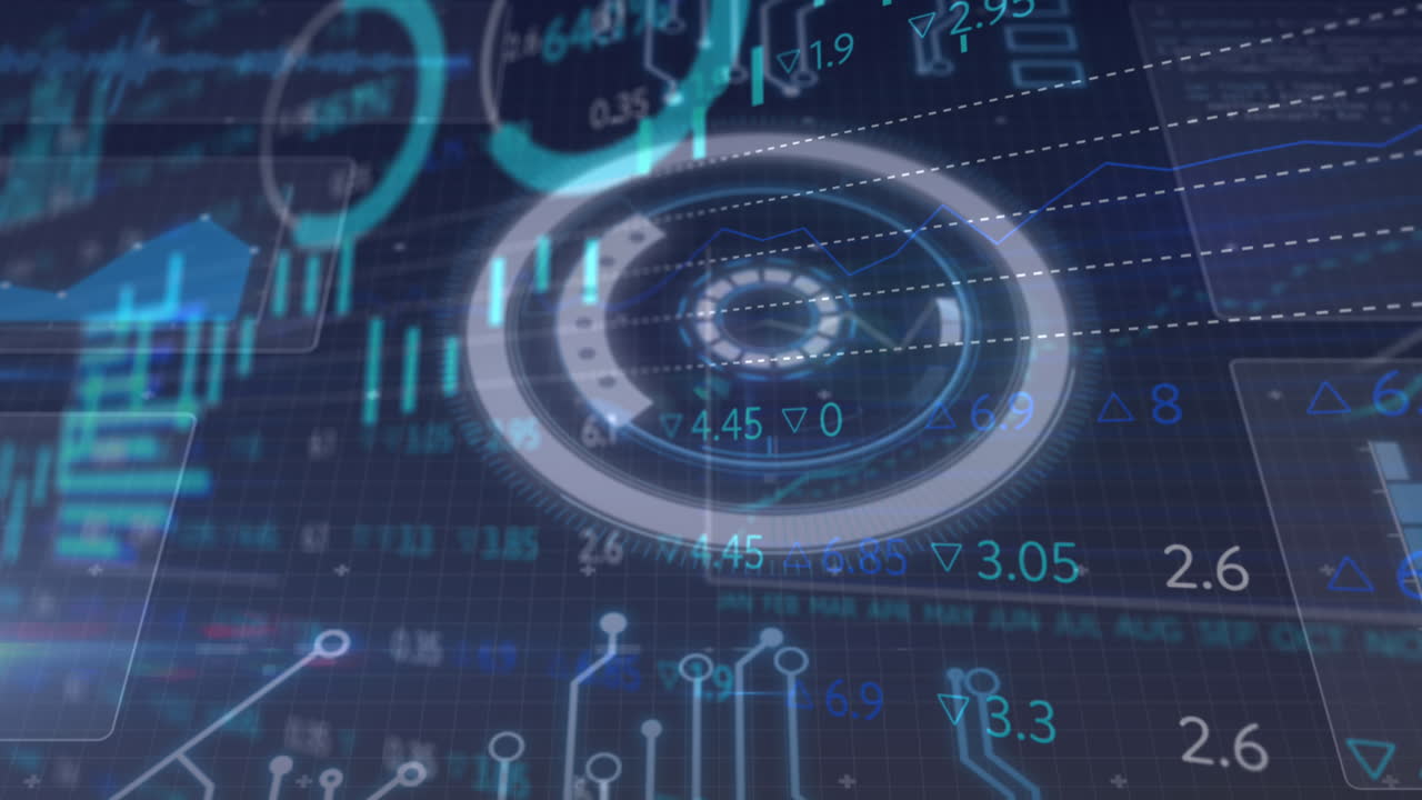 animación de una interfaz brillante con gráficos y estadísticas que se mueven sobre un fondo oscuro