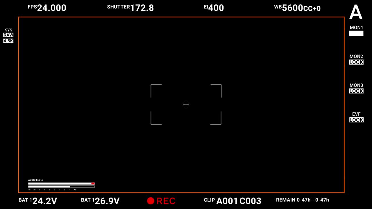 Horizontal 16:9 professional cinema camera viewfinder screen with detailed settings like fps, shutter, iso, and audio levels. For filmmaking or tech concepts