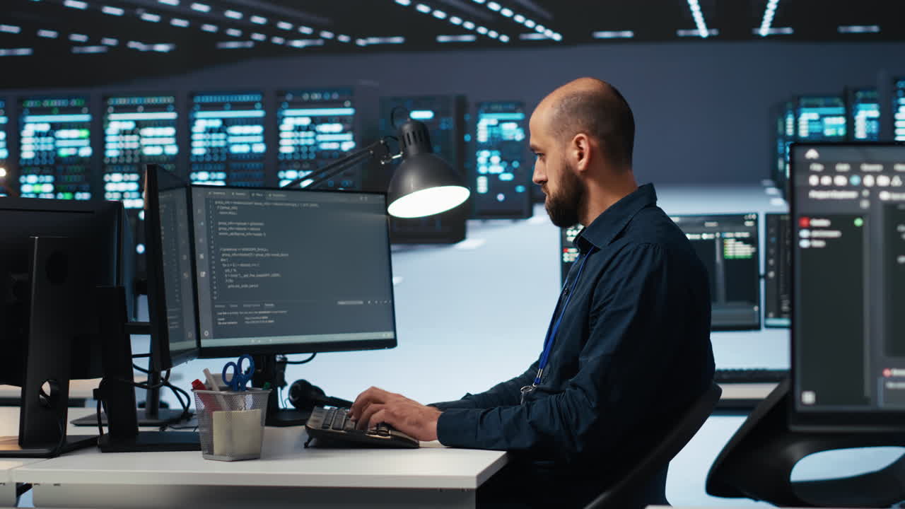 Technician typing code on computer to mend data center racks