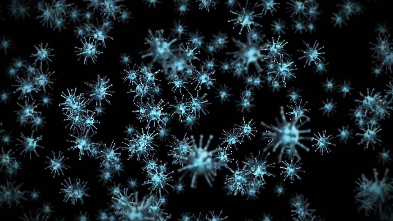 Flying many virus cells on black background. Medical concept, Microscopic illustration. 3D animation of virus molecule rotating. Loop animation.