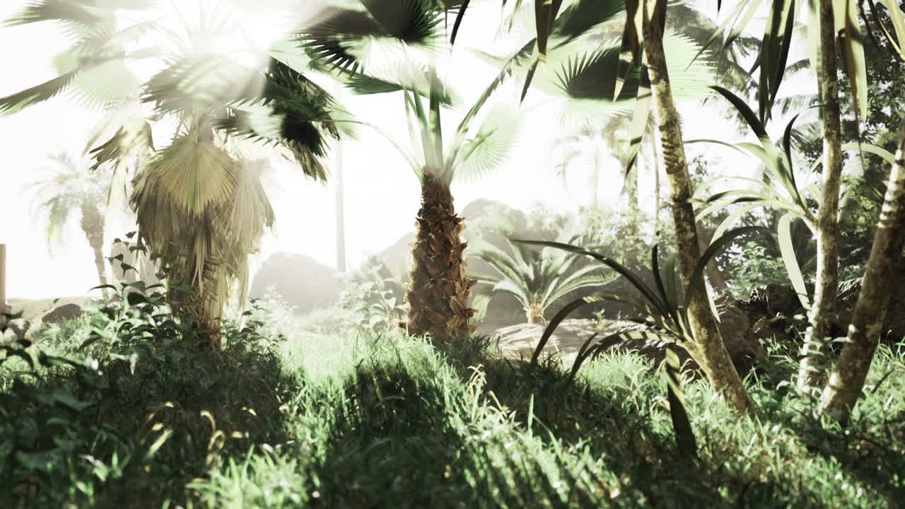 Serene tropical scene with light through palm fronds