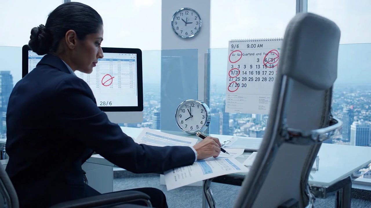 An office professional reviews important schedules and data analytics in a high-rise setting with modern technology and a city skyline view during work hours.