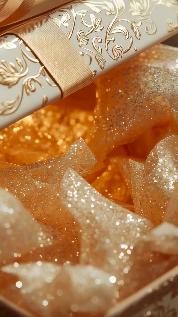 Vertical video: Gliding camera shifting downward on desk gift box ribbon, revealing glitter paper