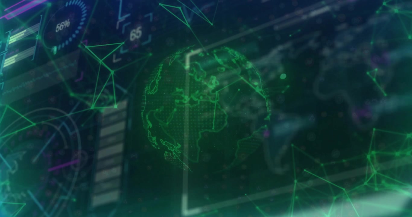 Interface starting holographic green globe rotating while gauge climbing and showing global network