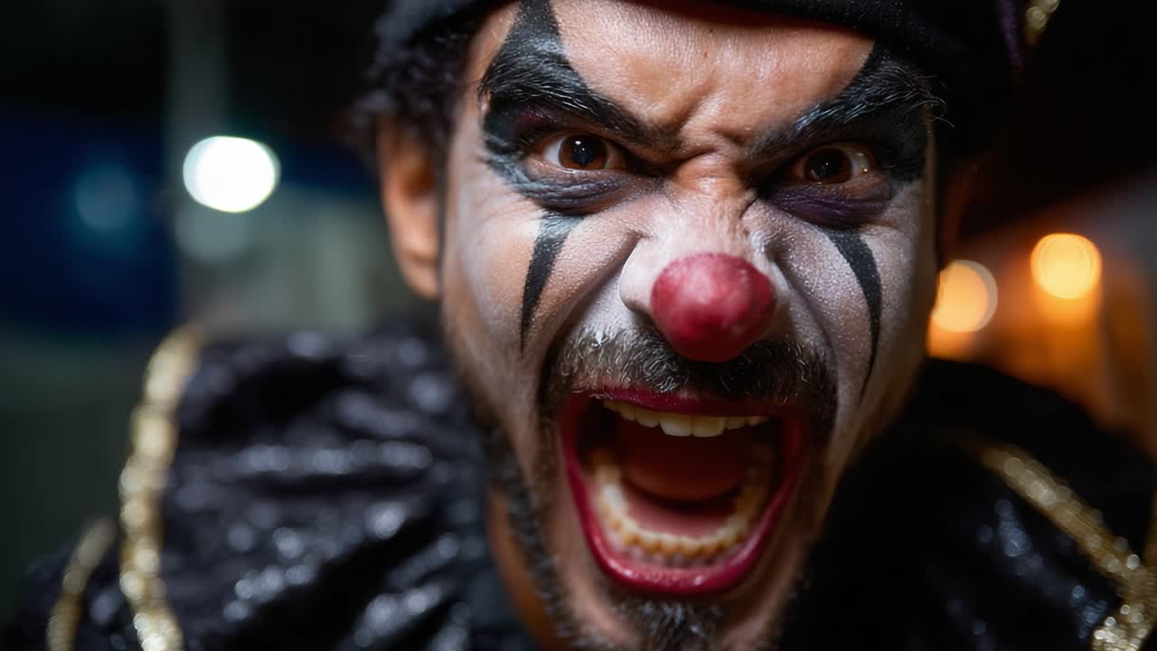 Intense Expression of a Clown: Capturing the Fiery Emotion and Fierce Detailing in Two Dramatic Frames of a Clown with Bold Makeup and an Aggressive Stare