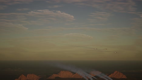 los aviones militares dejan caer bombas en el campo de batalla al atardecer. concepto de guerra