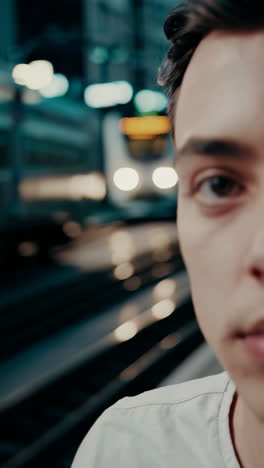 close-up of a person near a train station