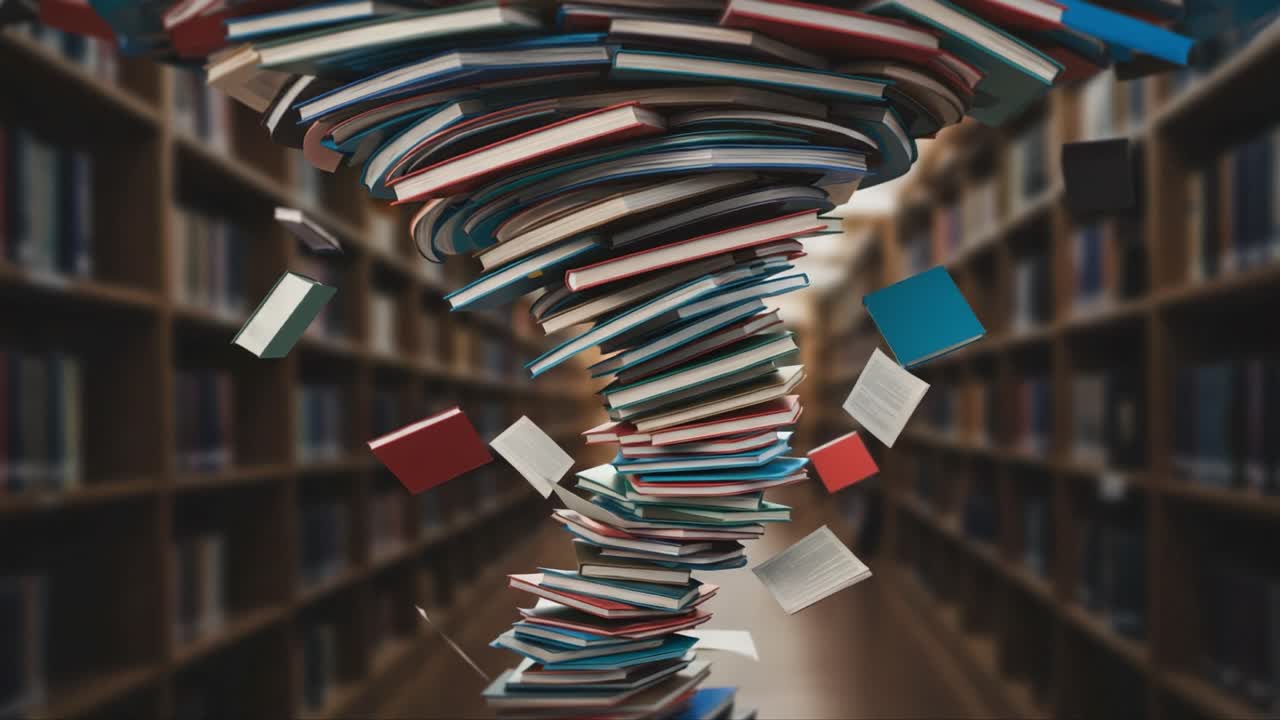 Whirlwind of Knowledge: A Dynamic Display of Books Tornadoing Through a Library, Capturing the Beauty and Chaos of Literature in Motion