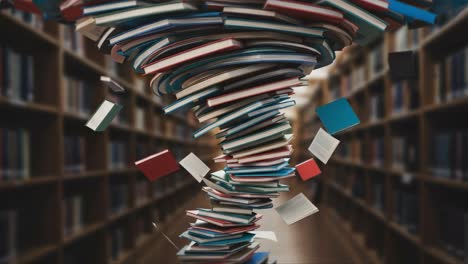 whirlwind of knowledge: a dynamic display of books tornadoing through a library, capturing the beauty and chaos of literature in motion