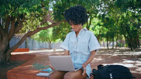 fille bouclée ouvrant un ordinateur portable insatisfait par courrier électronique assis au parc. étudiant