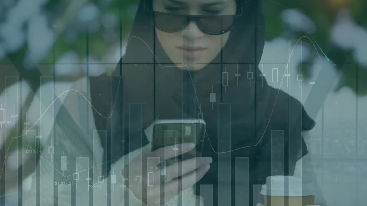 스마트 폰을 사용하여 히자브를 입은 여성에 대한 통계 및 데이터 처리 애니메이션