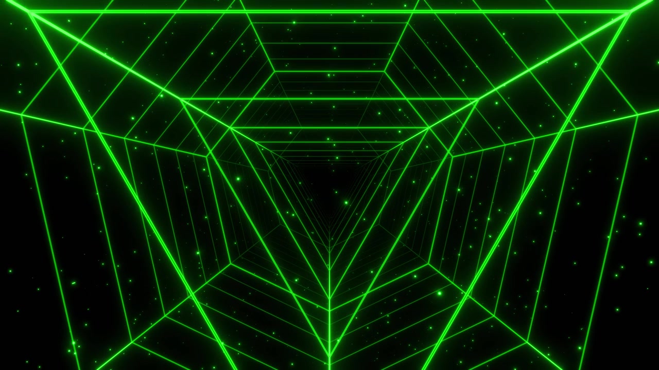 Sfondo di tunnel futuristico a wireframe verde neon nel cyberspazio