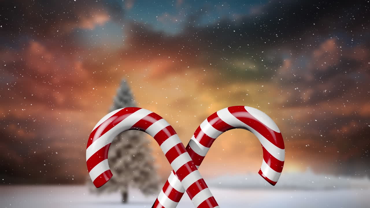 Animation of snow falling over christmas candies