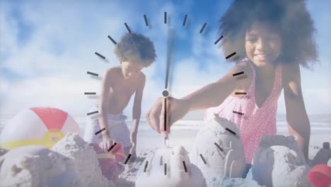 Animation-of-happy-african-american-brother-and-sister-playing-at-beach-over-clock