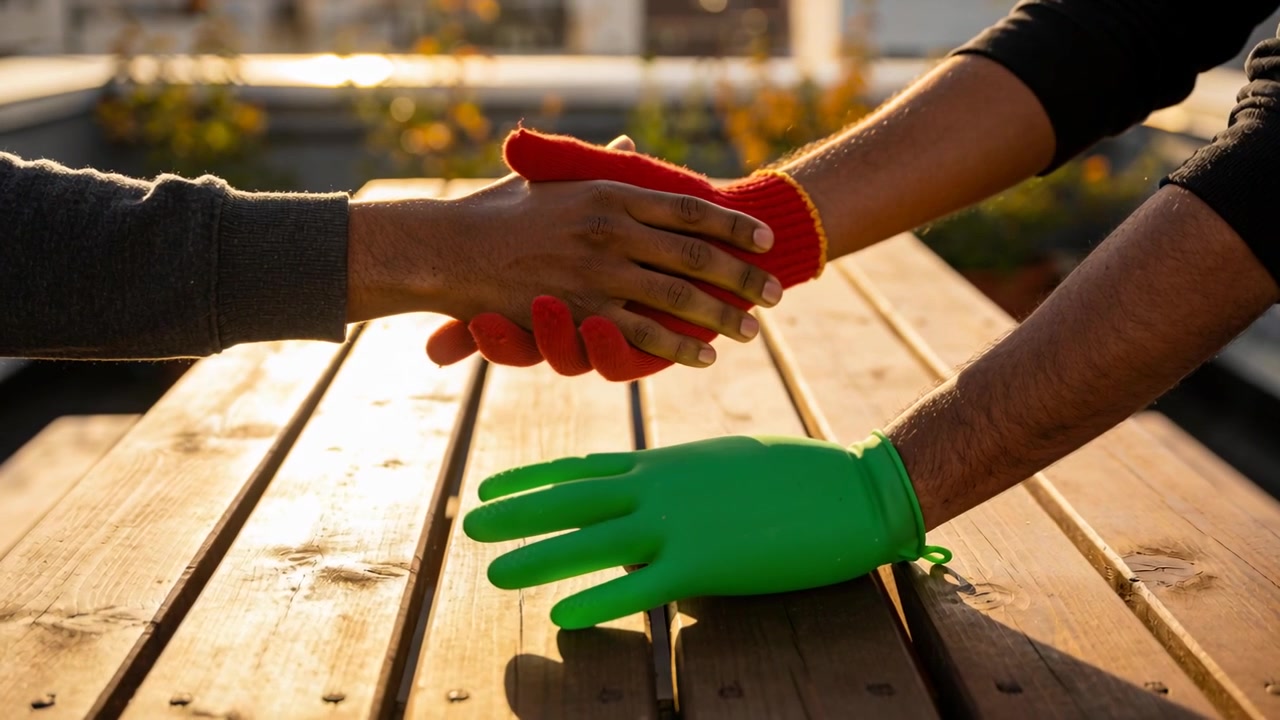 Clasping two adults' hands on rooftop, hand reaching, red glove supporting, green glove on table