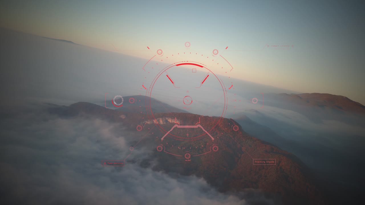 구름의 바다 위에서 비행 공격 중에 무인 전투 항공기의 디지털 초점