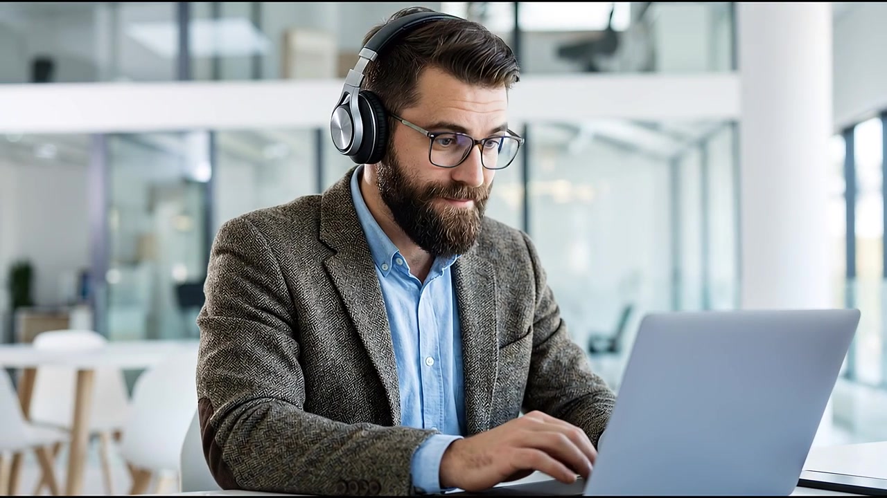 Bearded businessman wearing headphones while typing on laptop in bright contemporary office environment