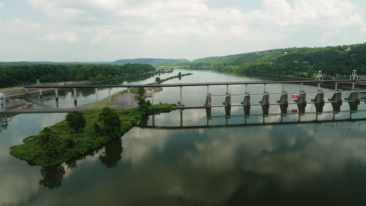 Mirror Reflections At Arkansas River Under Big Dam Bridge Near Cook's Landing Park In North Little Rock, Arkansas, USA