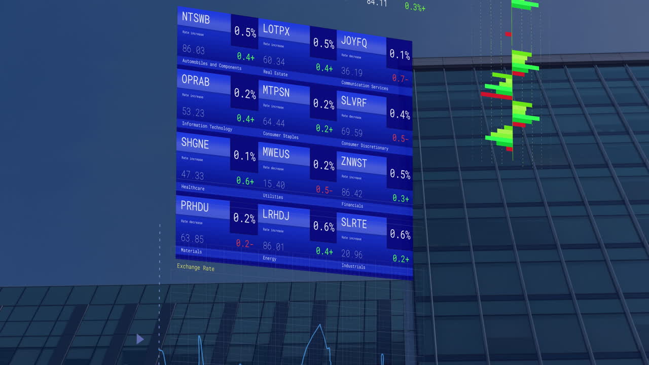 animación del procesamiento de datos financieros en edificios modernos