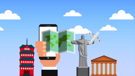 mano con teléfono inteligente y artículos de viaje animación