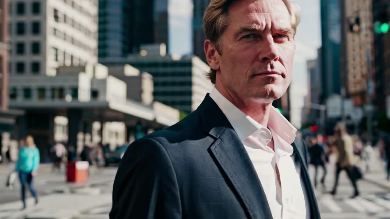 Close-up video frame of a confident man in a suit, standing in a bustling city street