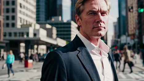 close-up video frame of a confident man in a suit, standing in a bustling city street