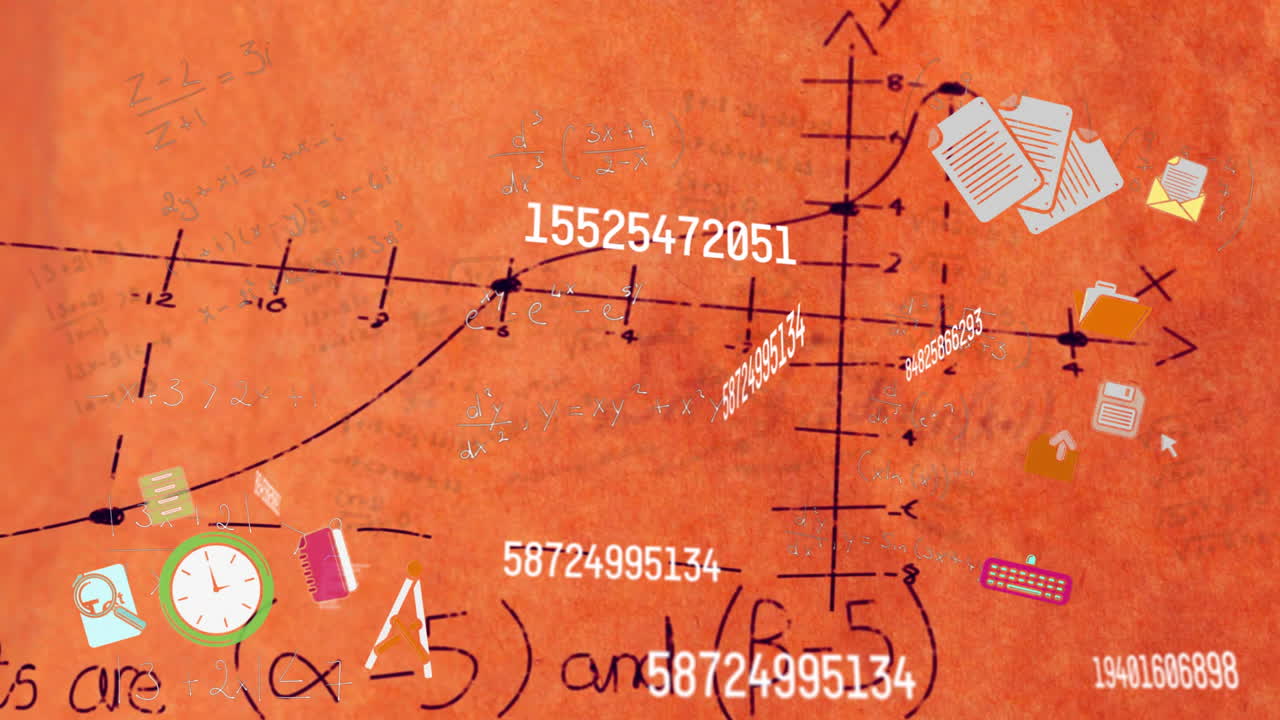 Animation of mathematical equations and graphs with numbers on orange background