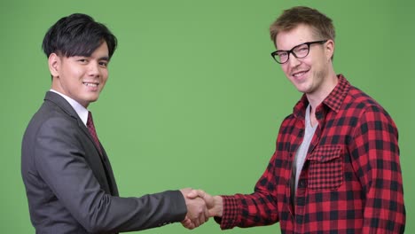 young handsome asian businessman and young scandinavian businessman working together