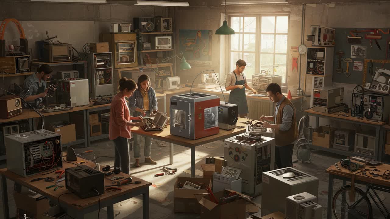 A Dynamic Workshop Scene: Engineers Collaborate on Electronics Projects, Fostering Innovation and Creativity Amidst a Rich Collection of Equipment and Tools