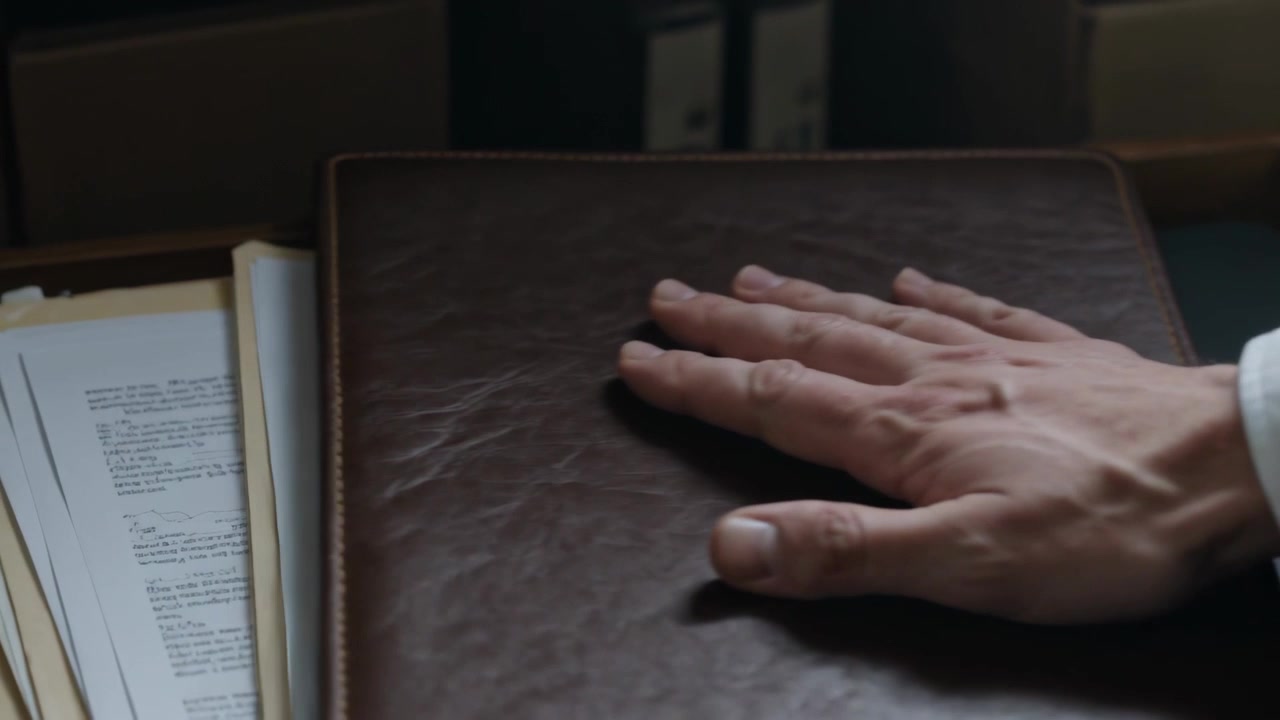 Infilando la mano destra nella manica della giacca, stabilizzando un raccoglitore sulla scrivania per esaminare documenti e raccoglitori.