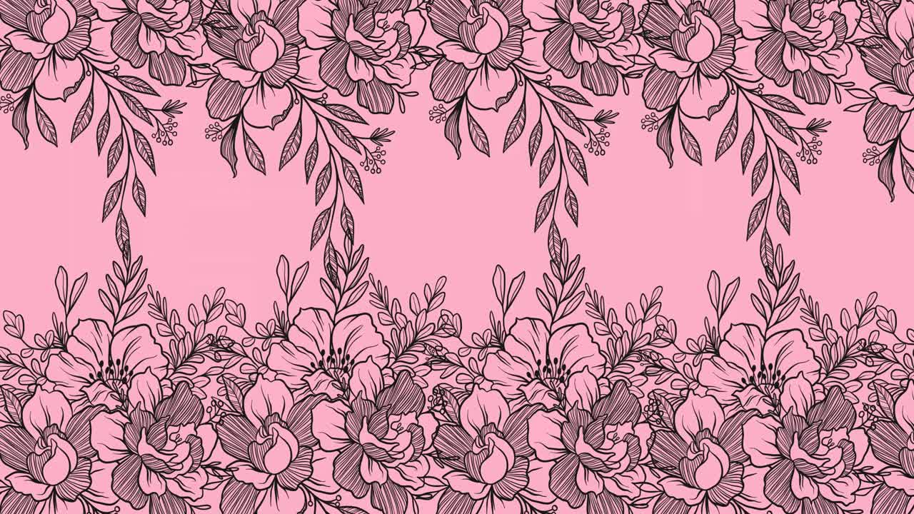 Animation of flash sale text in frame over glowing blobs and flowers on pink background