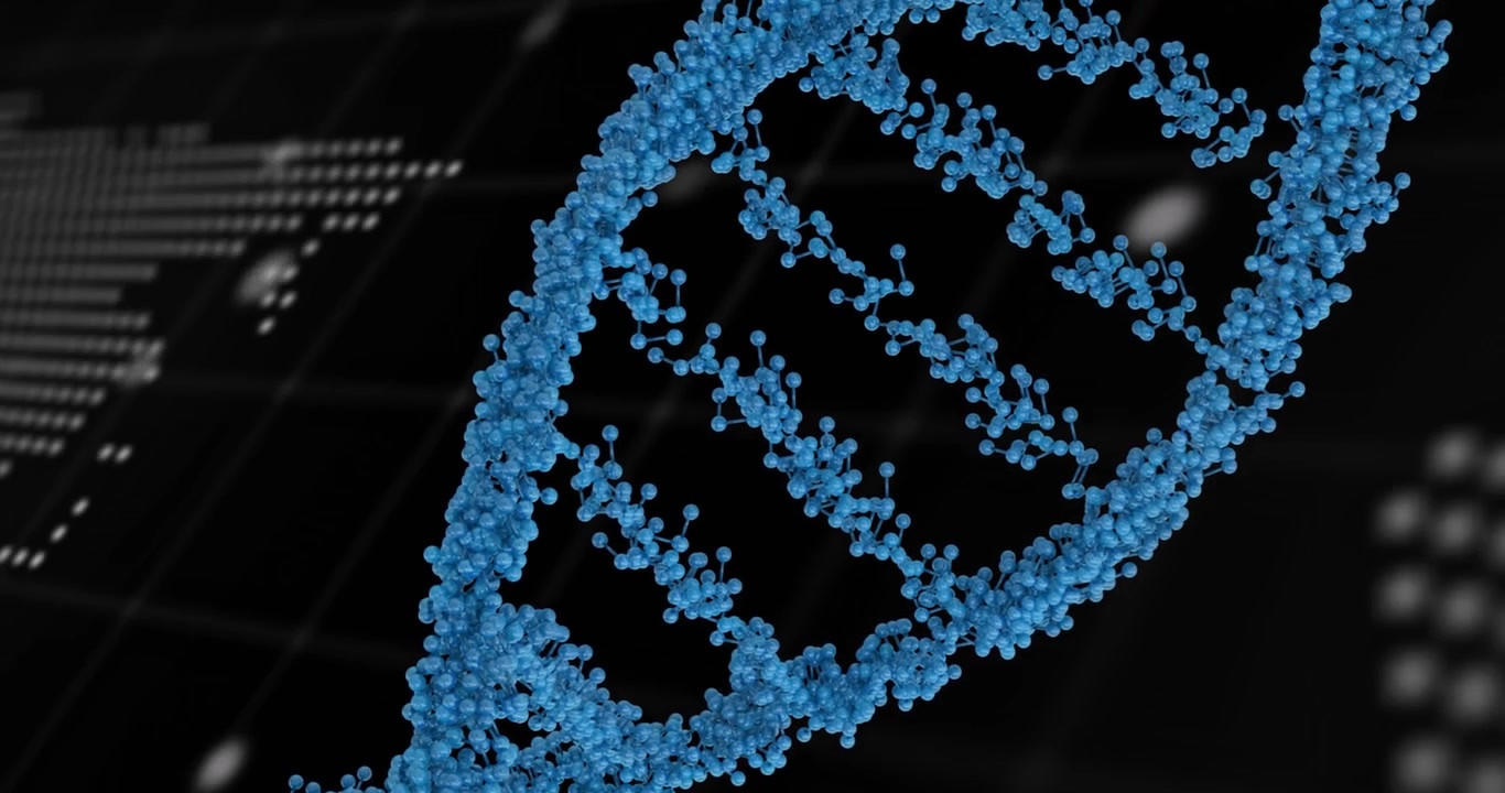 Rotating Blue DNA Strand Over Digital World Map Background