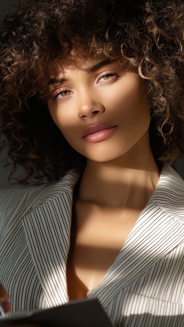 Captivating Portrait of a Young Woman with Curly Hair and Natural Beauty, Illuminated by Soft Light and Shadows, Highlighting Her Features and Expression