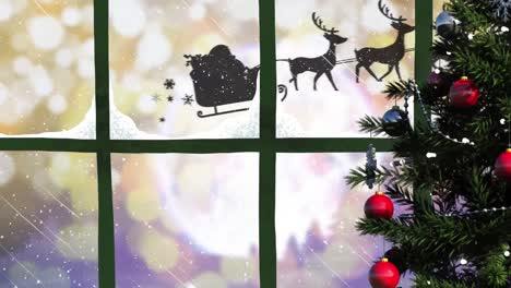 Digital-animation-of-christmas-tree-and-window-frame-against-silhouette-of-santa-claus