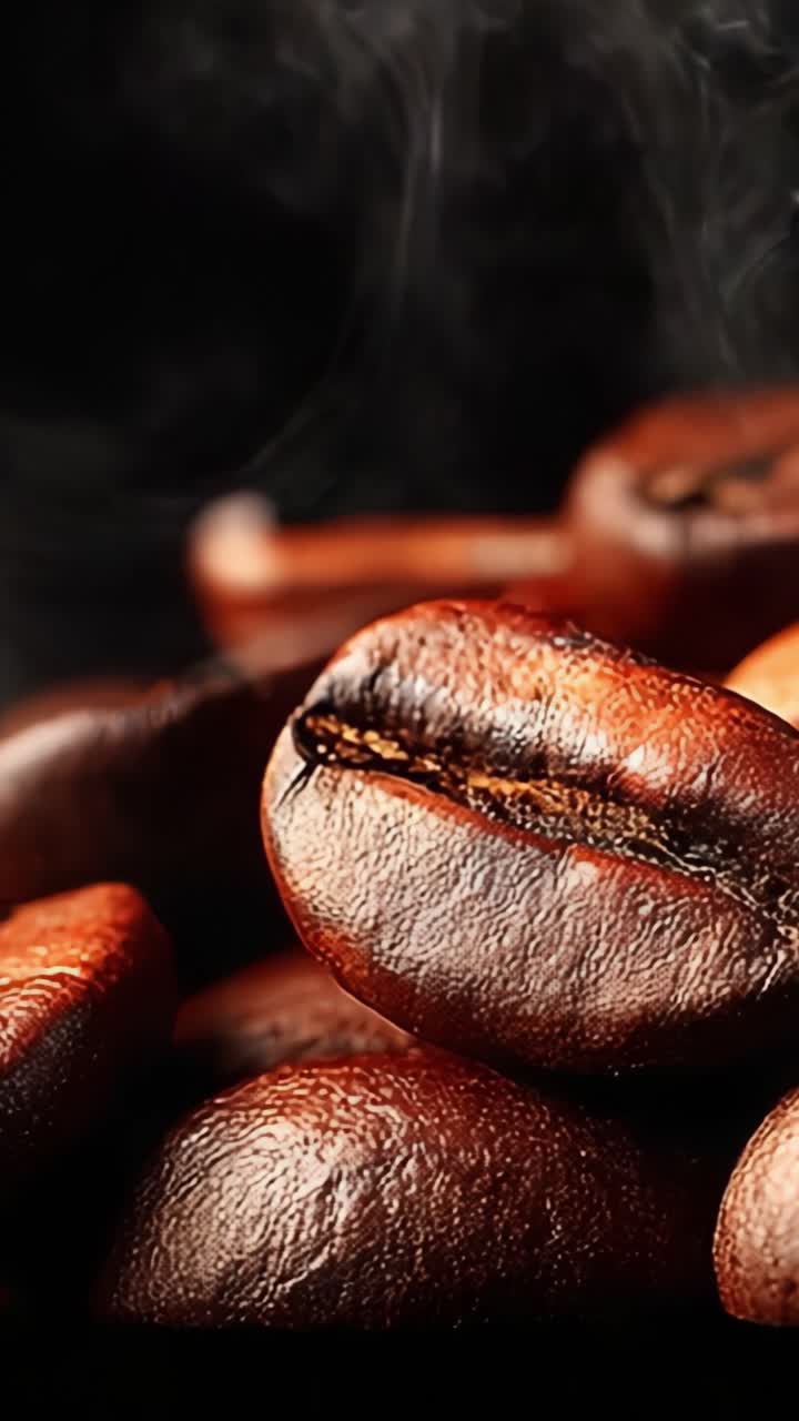 Fængslende nærbillede af aromatiske kaffebønner med rig tekstur og damp, der stiger, perfekt fremvisende essensen af friskristet kaffekultur.