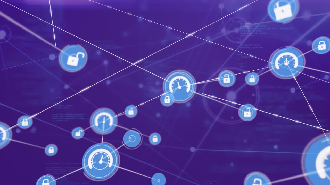 Animation of network of digital icons and data processing against purple background