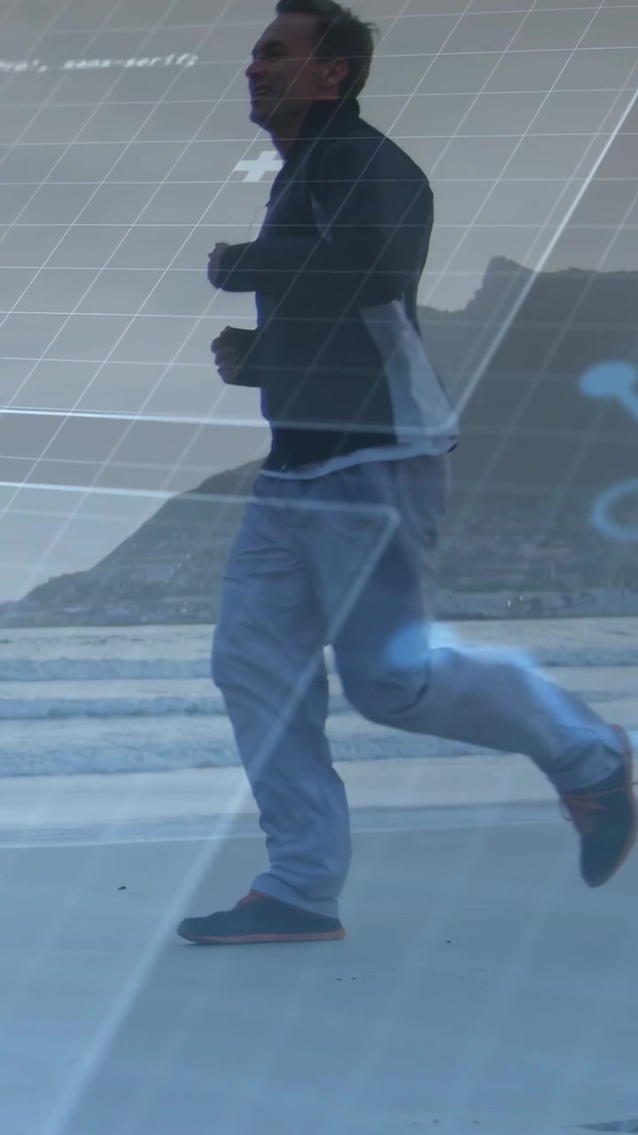 Video verticale: Uomo che entra da destra e fa jogging lungo la costa, HUD che traccia il movimento per il fitness