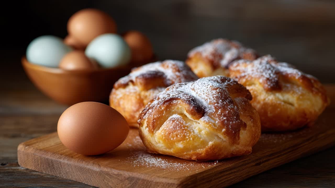 Delicious Freshly Baked Pastries with Powdered Sugar and Eggs on Rustic Wooden Table Captured in Frames Showing Irresistible Culinary Delight