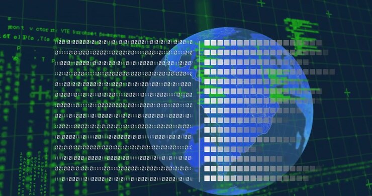 Animation of data processing over globe on black background