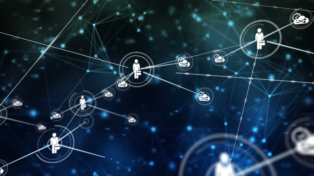 Animation of icons and network of connections on blue background