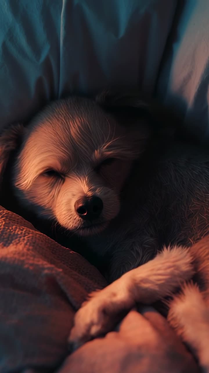 Vertical video: Small cream dog sensing light and opening eyes in bedroom, with pillow and blanket