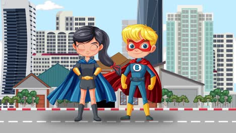 two superheroes standing together in urban setting