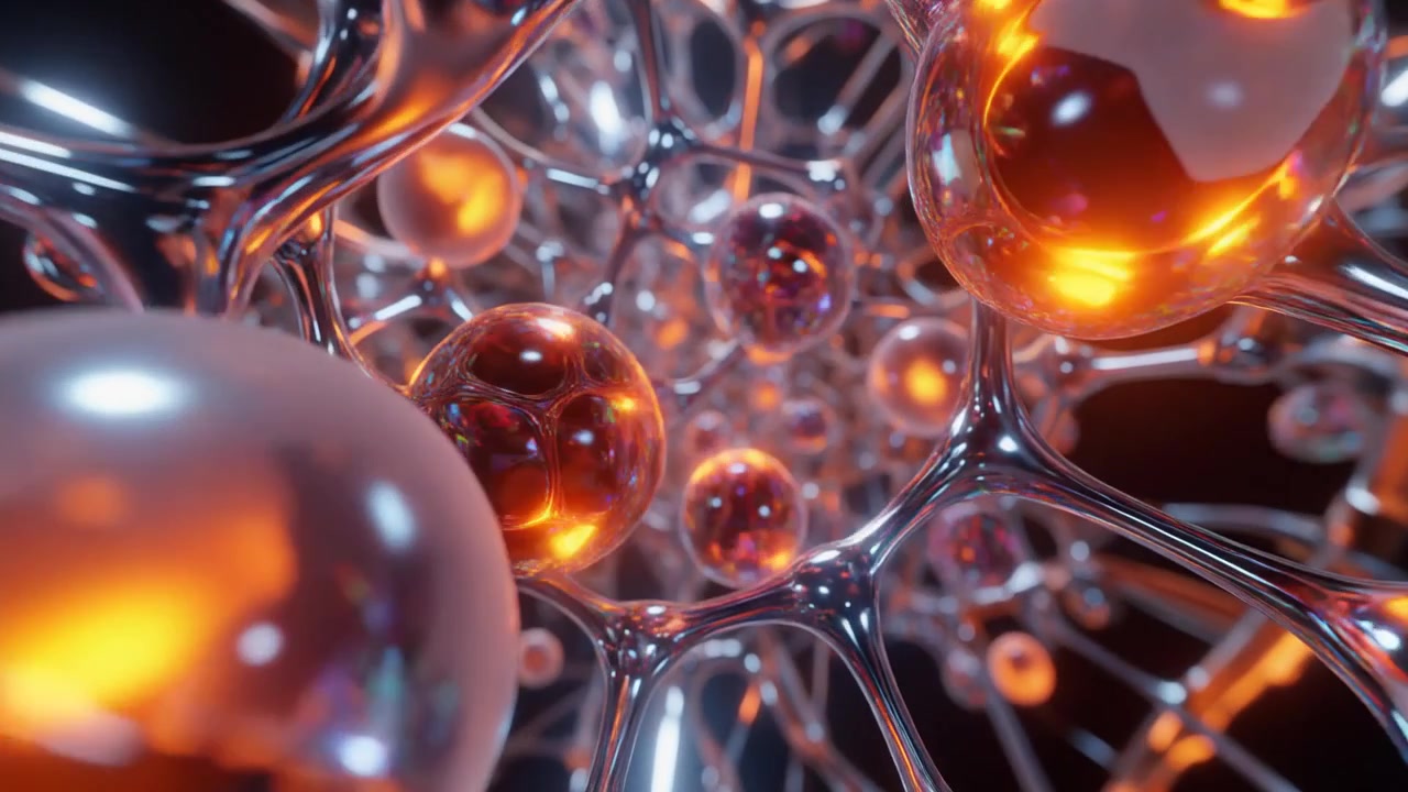 Animazione 3D astratta di sfere luminose e strutture metalliche interconnesse.