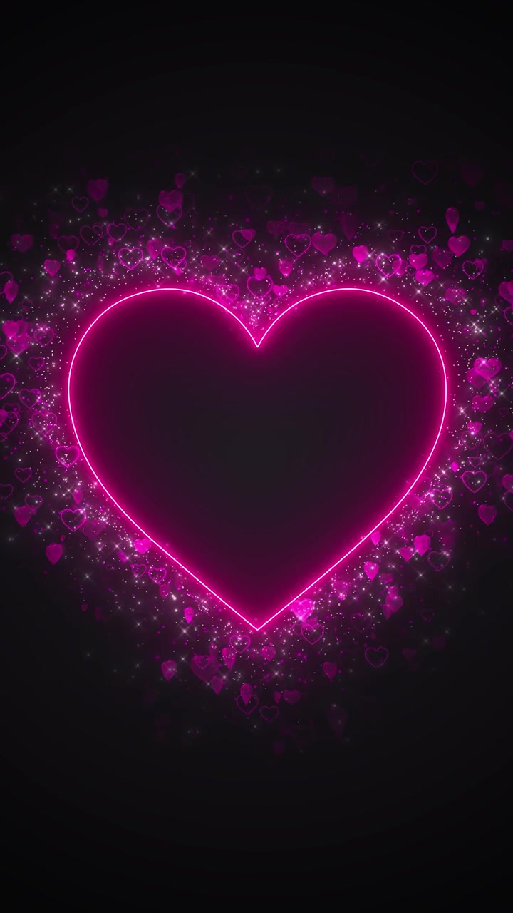 Visual particellare a cuore romantico magenta, contorno neon luminoso, forme d'amore scintillanti, atmosfera cinematografica.